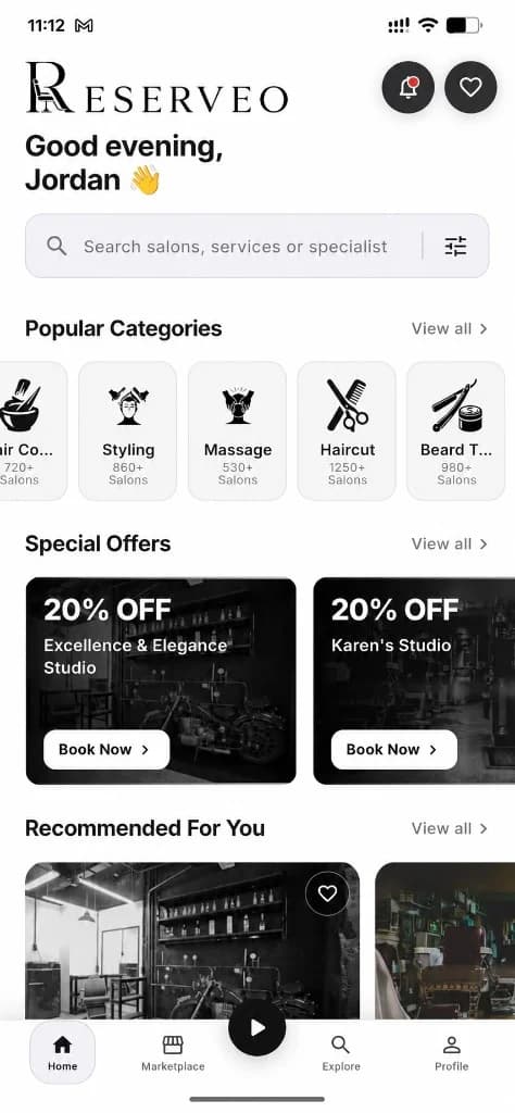 Reserveo customer app home