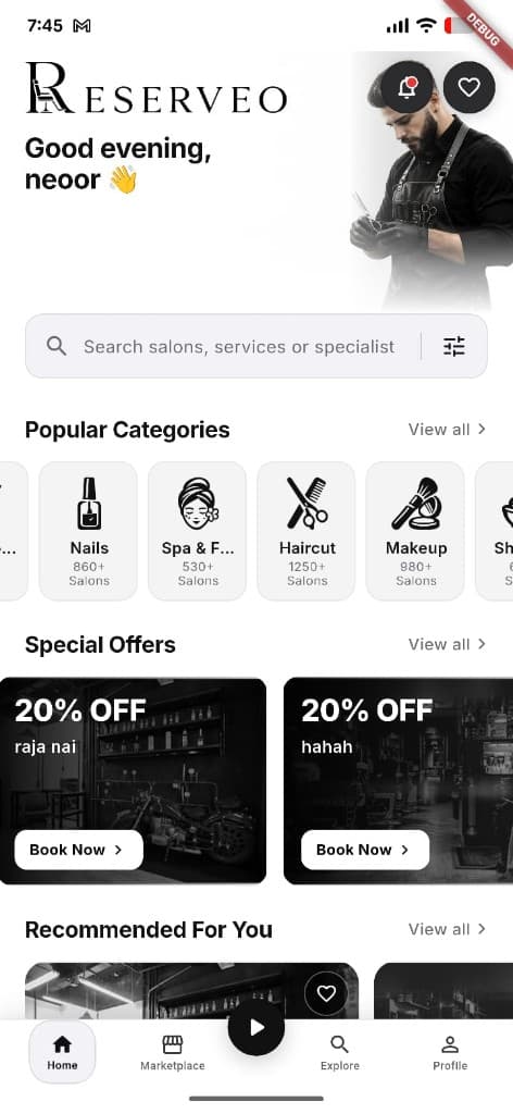 Reserveo customer app home