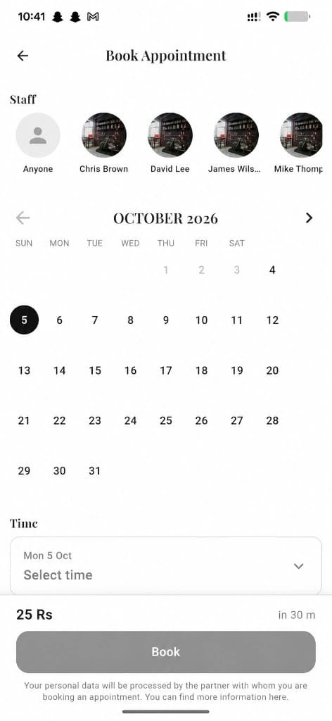Reserveo book appointment screen
